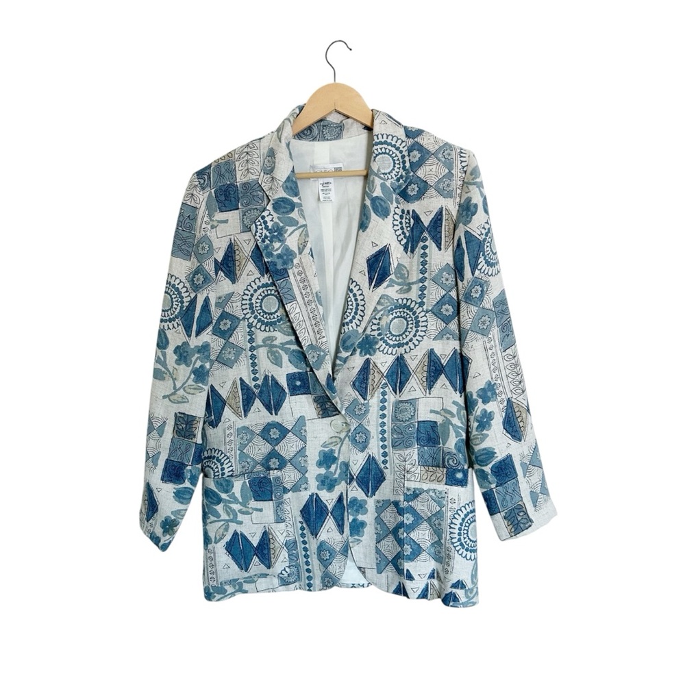 Cleo Geometric & Floral Abstract Blazer Blue and Cream Size 12 Shoulder Pads
